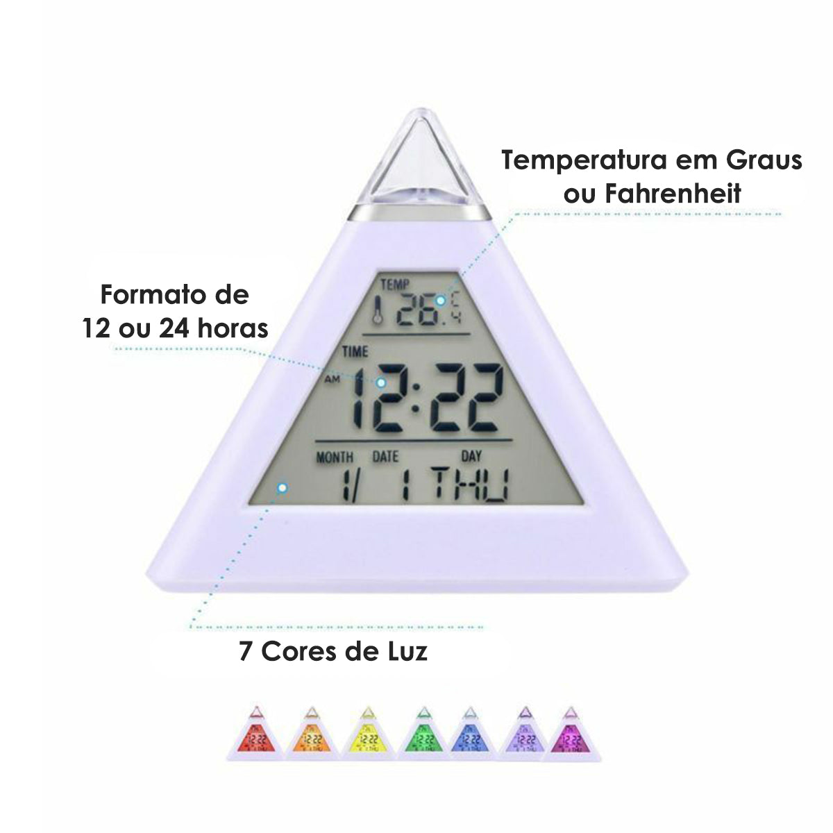 Relogio Digital Piramide De Mesa Calendario Despertador Termometro Cabeceira