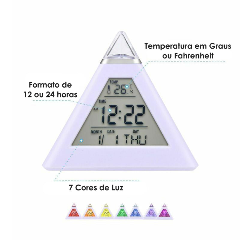 Relogio Digital Piramide De Mesa Calendario Despertador Termometro Cabeceira